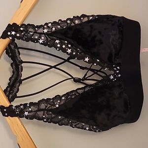 NWOT Victoria's Secret PINK Bralette Velvet Black Silver Stars Strappy Size XS